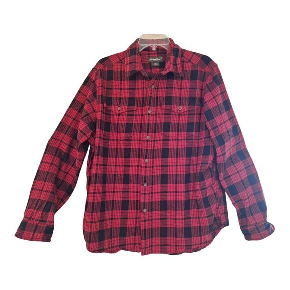 Eddie Bauer Flannel Shirt Mens Large Red Black Plaid Button Front Pockets Cotton - Picture 12 of 12